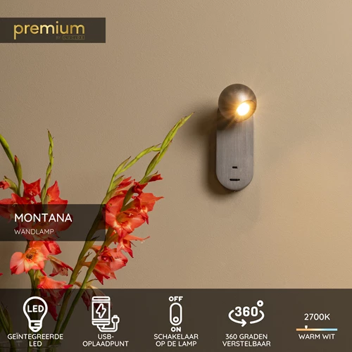 Lucide MONTANA - Wandlamp - LED - CCT - 1x6,3W 2700K/4000K - Met USB oplaadpunt - Grijs ijzer | Premium - USP